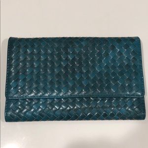 Turquoise vegan leather woven envelope clutch